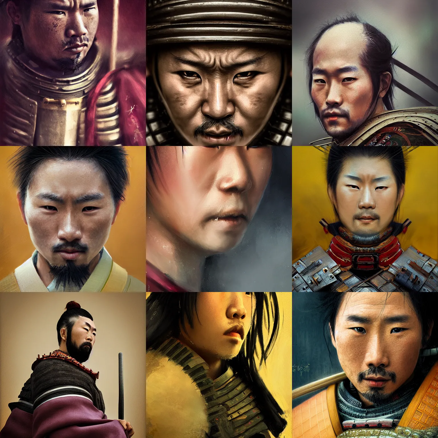Prompt: portrait of a samurai by wlop, macro face shot