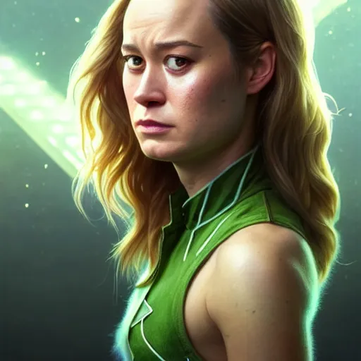 Image similar to portrait painting of brie larson with green skin and pointy ears wearing sci - fi clothes, ultra realistic, concept art, intricate details, eerie, highly detailed, photorealistic, octane render, 8 k, unreal engine. art by artgerm and greg rutkowski and charlie bowater and magali villeneuve and alphonse mucha