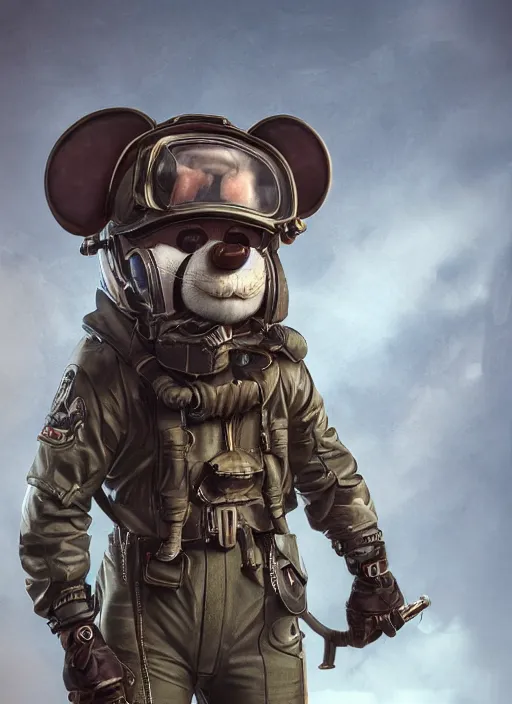 Image similar to detailed full body concept art illustration matte painting of an anthropomorphic mouse pilot in full intricate pilot clothing, ultra detailed, digital art, octane render, 4K, dystopian, micro details