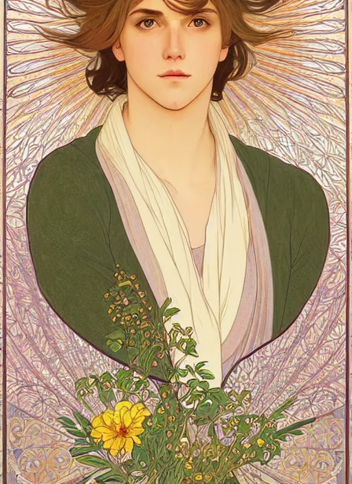 Image similar to pretty young man with shoulder length shiny shimmering golden blond hair, half body shot, emotional, decorative flower patterned background, path traced, highly detailed, high quality, digital painting, by studio ghibli and alphonse mucha, leesha hannigan, hidari, disney, jules bastien - lepage, art nouveau