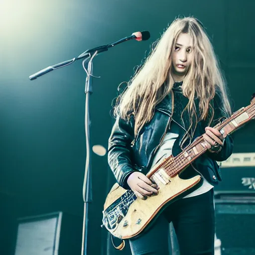 Image similar to 19-year-old girl wearing leather jacket and denim jeans, permed hair, holding electric guitar, stoner rock, HD photograph, heavy rock concert, live concert footage