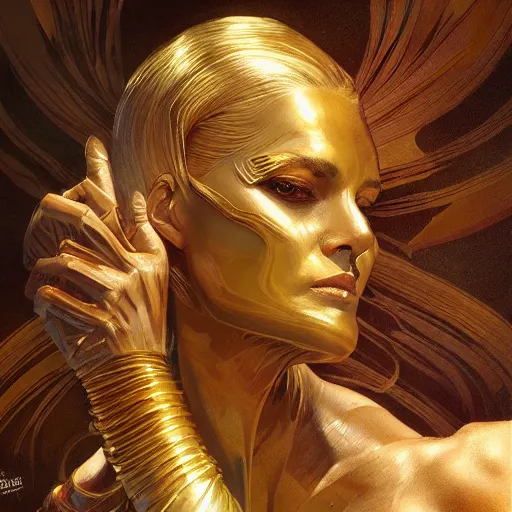 Image similar to Sandman with a gold suit, portrait, intricate, elegant, highly detailed, digital painting, artstation, concept art, smooth, sharp focus, illustration, art by artgerm and greg rutkowski and alphonse mucha