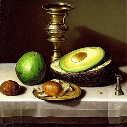 Image similar to still life by willem claesz heda, avocados, bread, linen, a fly, silver, leftover meat pie, overturned chalice, surreal goblets,