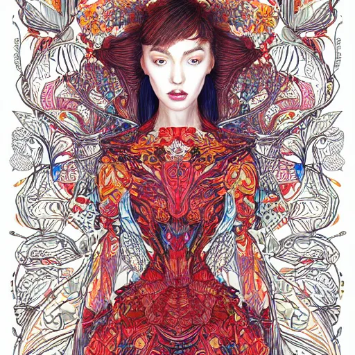 Image similar to the portrait of a beautiful and elegant young woman made up of peppers, an ultrafine detailed illustration by james jean, intricate linework, bright colors, final fantasy, behance contest winner, vanitas, angular, altermodern, unreal engine 5 highly rendered, global illumination, radiant light, detailed and intricate environment