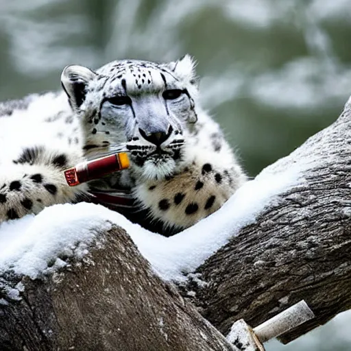 Image similar to Snow leopard smoking a joint, award-winning photo