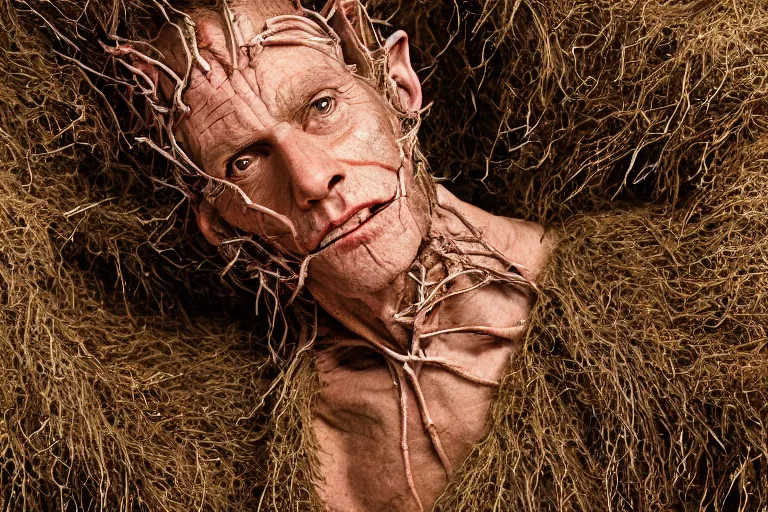 Prompt: portrait of Danny DeVity, wearing hay coat, with horns, visible muscles and veins and arteries and bones and spines and nerves, flowers growing out of his body, beautiful detailed intricate insanely detailed octane render, 8k artistic photography, photorealistic, chiaroscuro, by David Cronenberg, Raphael, Caravaggio