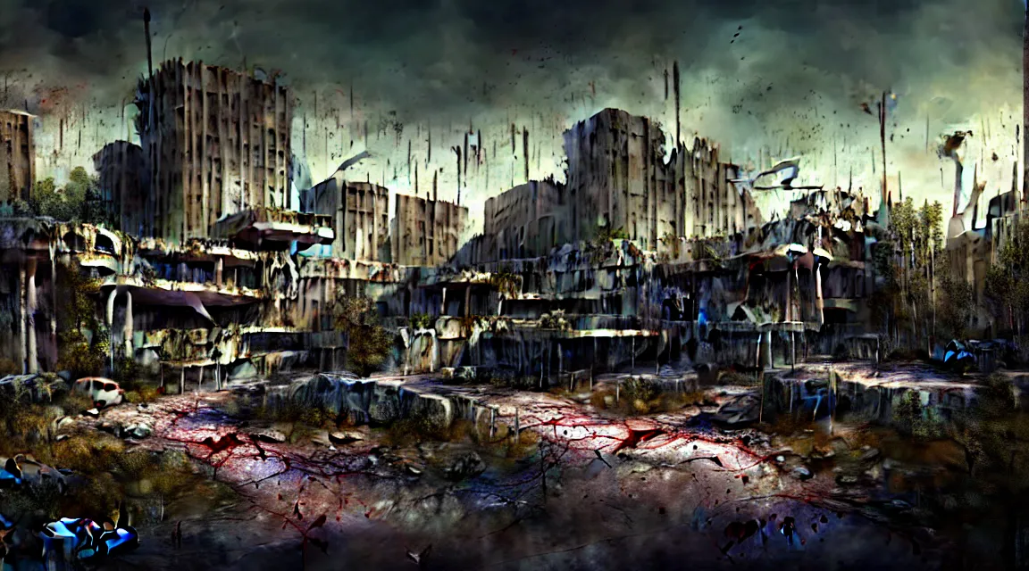 Prompt: post apocalyptic theme park, morning, building, avenue, modern contemporary urban americana concrete architecture, by ricardo bofill, apocalyptic color palette, trending on artstation, photorealistic, wilderness ambiance, ultra detailed, high definition, depth of field, bokeh, rubble, wild vegetation, blood stains, building crumbling