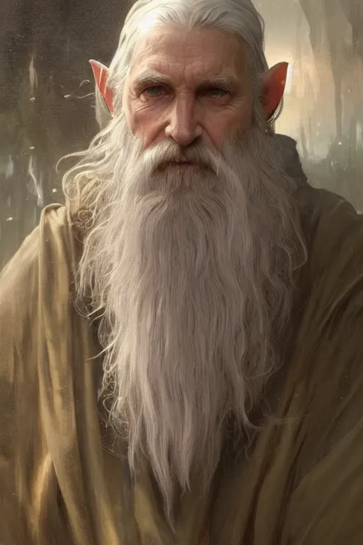 Prompt: a highly detailed portrait painting of an elderly healer elf male, long white beard, long elf ears, by greg rutkowski and alphonse mucha, sharp focus, matte, concept art, artstation, digital painting