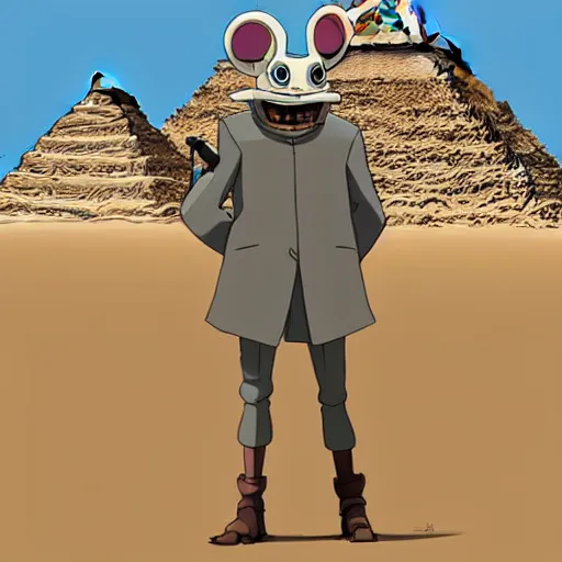 Image similar to a study of cell shaded cartoon of a mechanized grey jackel from howl's moving castle ( 2 0 0 4 ), in front of pyramids on a desert road, full body, wide shot, very muted colors, post grunge, studio ghibli, laurie greasley, highly detailed, deviantart, art by artgem