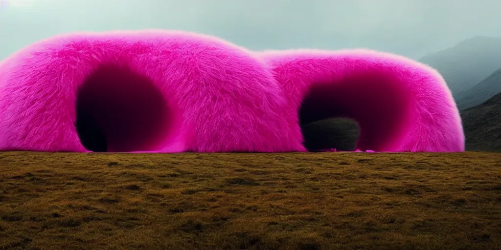 Image similar to a strange huge translucent pvc inflated organic architecture building with pink fluffy fur inside by anish kapoor sits in the rock mountains, film still from the movie directed by denis villeneuve with art direction by zdzisław beksinski, close up, telephoto lens, shallow depth of field