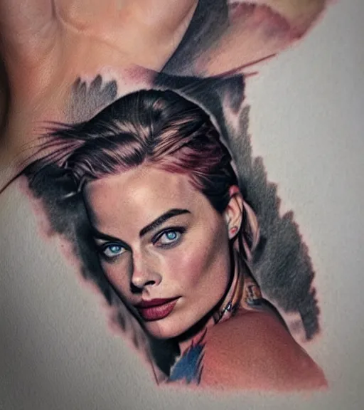 Image similar to mash up tattoo sketch of margot robbie with beautiful mountain scenery, double exposure effect, in the style of arlo dicristina, hyper realism, amazing detail, sharp