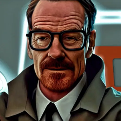 Prompt: Bryan Cranston as Gordon Freeman in H.E.V suit, photo