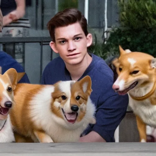 Prompt: Tobey Maguire, Andrew Garfield, and Tom Holland as corgis