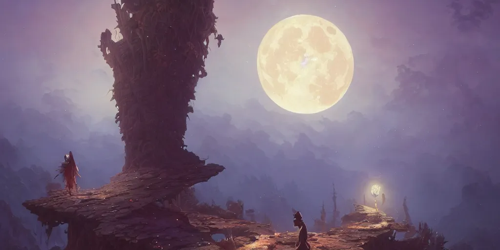 Image similar to highly detailed painting of the moon, unreal engine, fantasy art by greg rutkowski, loish, rhads, ferdinand knab, makoto shinkai and lois van baarle, ilya kuvshinov, rossdraws, tom bagshaw, alphonse mucha, global illumination, radiant light, detailed and intricate environment