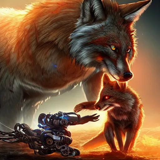 Image similar to a beautiful photograph of a biopunk wolf fighting a cyborg fox. intricate, epic lighting, cinematic composition, hyper realistic, 8 k resolution, unreal engine 5, by artgerm, tooth wu, dan mumford, beeple, wlop, rossdraws, james jean, marc simonetti, artstation