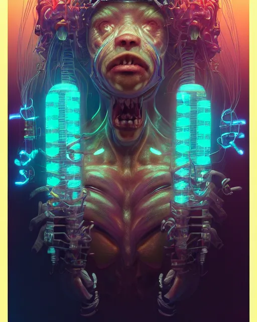 Prompt: portrait of a cute monster, male, bioluminescent, wires, horror, happy, highly detailed, digital painting, cinematic, hyperrealism, dark retrowave, art by stanley lau and artgerm and magali villeneuve and alphonse mucha, artstation, octane render, cgsociety