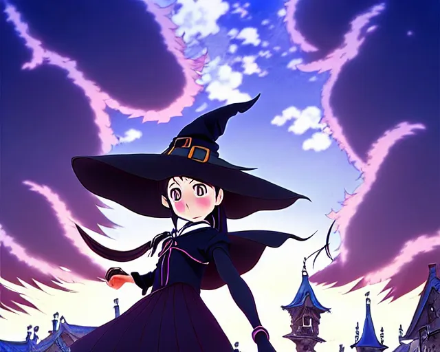 Image similar to ( ( majo no tabitabi ) ), key anime visual portrait of a young female witch walking through a busy medieval village, dynamic pose, dynamic perspective, cinematic, dramatic lighting, detailed silhouette, anime proportions, perfect anime, yoh yoshinari, ( murata range )