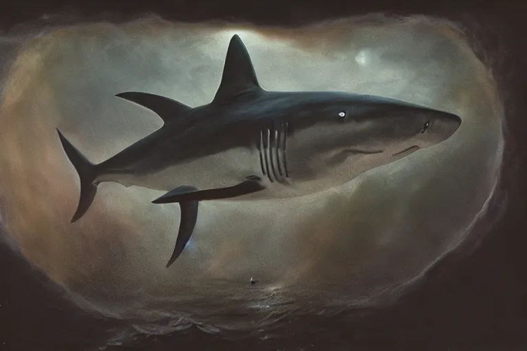 Image similar to giant shark cursed by the bite, painted by bob eggleton and lee brown coye and don maitz and michel granger, trending on artstation, dark atmospheric lighting rear view sacred geometry, tintype, portrait, positivism, tachisme