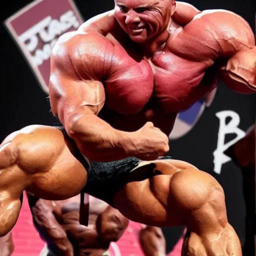 Prompt: an extremely disgusting muscle-man who is a body-builder competition muscle-body with way too much muscle everywhere, veins popping out and muscles on top of muscles bulging from every aprt of his body, it's a radical amount of muscles!