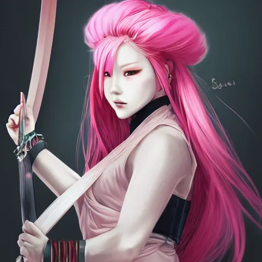 Prompt: pink hair samurai girl by wlop and sakimichan