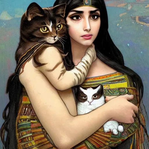 Image similar to cute emo egyptian woman, with long dark hair, thick eyebrows!!! dark eyes and dark circles!, wide nose!!!, big eyes, oval face shape, big cheeks!, she is holding a cat in her arms, by juan villafuerte, greg rutkowski and alphonse mucha, pexels contest winner, high quality photo, hd rtx