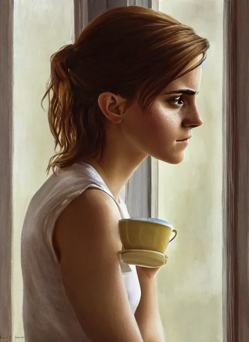 Prompt: Emma Watson drinking coffee by the kitchen window, detailed face, golden hour, low contrast, by Kenne Gregoire