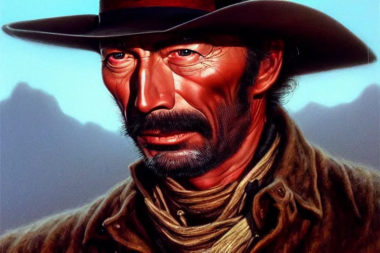 Image similar to close portrait of lee van cleef as a mean cowboy in pale rider ( 1 9 8 5 ). movie still, highly detailed, centered, digital painting, artstation, concept art, smooth, sharp focus, illustration, artgerm, tomasz alen kopera, peter mohrbacher, drew struzan