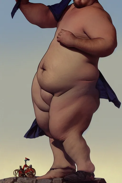 Image similar to an overweight man as a human cannonball, realistic painting, symmetrical, highly detailed, digital painting, artstation, concept art, smooth, sharp focus, illustration, cinematic lighting, art by artgerm and greg rutkowski and alphonse mucha