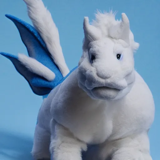 Prompt: white furry dragon with a blue neck mane and 2 grey horns