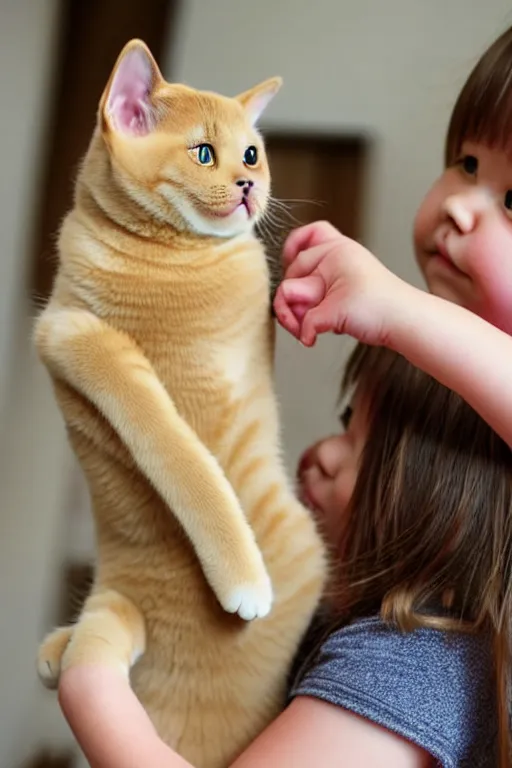 Image similar to a girl is playing with a cute golden shaded british shorthair cat, created by ryo