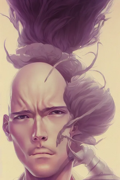 Image similar to a portrait of handsome saitama illustrated by miyazaki by karol bak, james jean, tom bagshaw, rococo, sharp focus, trending on artstation, cinematic lighting, hyper realism, octane render, 8 k, hyper detailed, vivid, ultra detailed, highly detailed