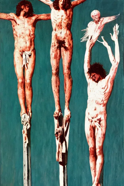 Image similar to jesus christ crucified painted by cy twombly, basquiat and andy warhol