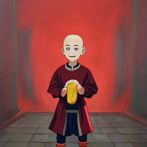Image similar to a painting portrait of the last airbender in an arsenal jersey holding a hot dog,