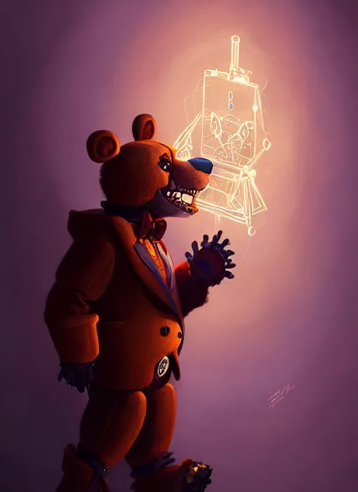 Image similar to freddy fazbear, intricate, elegant, glowing lights, highly detailed, digital painting, artstation, concept art, sharp focus, illustration, art by wlop, mars ravelo and greg rutkowski