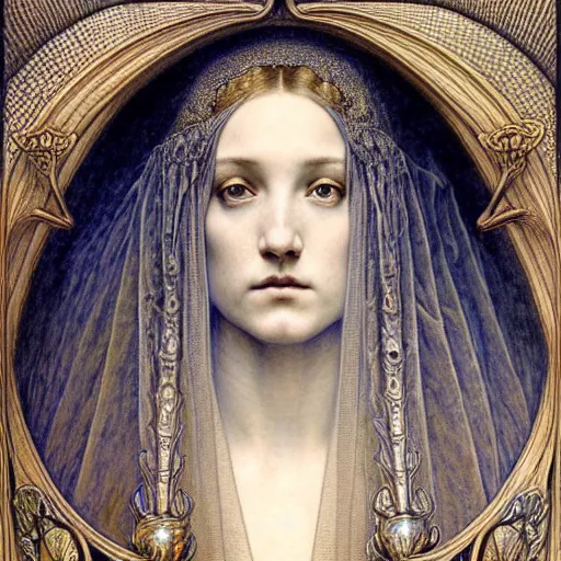 Prompt: detailed realistic beautiful young medieval queen face portrait by jean delville, gustave dore, ernst haeckel and marco mazzoni, art nouveau, symbolist, visionary, gothic, pre - raphaelite. horizontal symmetry
