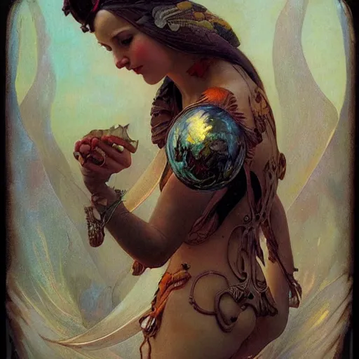 Prompt: '' fantasy fish, concept art, schematics, gnarly details painted by tom bagshaw, norman rockwell, mucha, gurney''