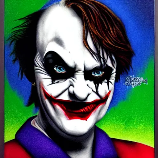 Image similar to angela merkel as joker in dark knight, airbrush art, drew struzan illustration art, key art, movie poster