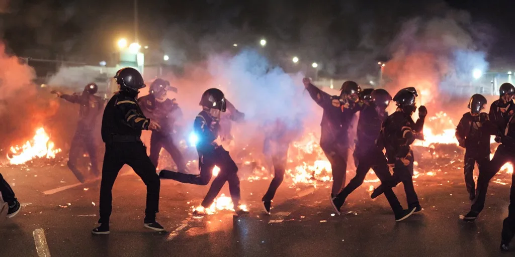 Image similar to photo of young men wearing multicolored tracksuits fighting cops in a riot with burning cars at night, close-up shot, editorial photography