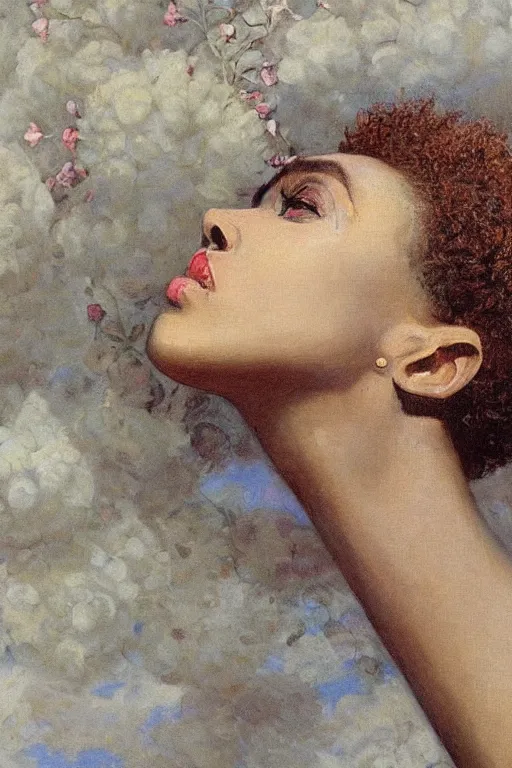 Image similar to close - up fashion afro woman portrait airy flowers cloudy sky art by vasnetsov