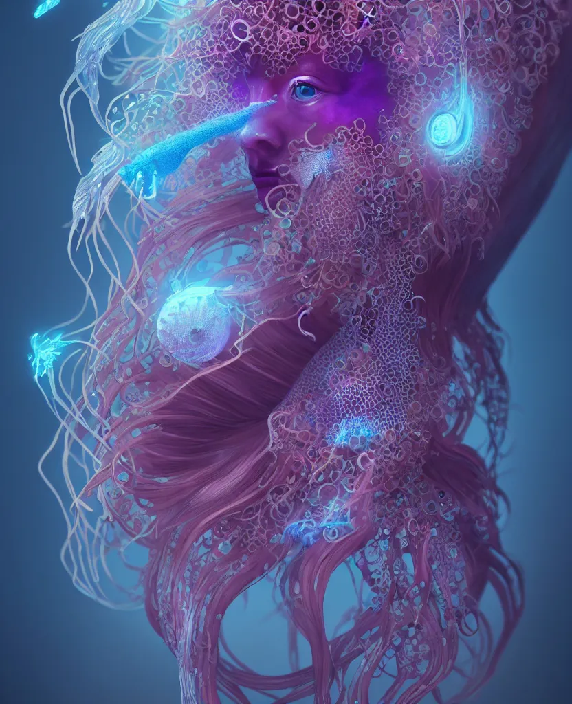 Image similar to goddess close-up portrait. orchid jellyfish phoenix head, nautilus, skull, betta fish, bioluminiscent creatures, intricate artwork by Tooth Wu and wlop and beeple. octane render, trending on artstation, greg rutkowski very coherent symmetrical artwork. cinematic, hyper realism, high detail, octane render, 8k