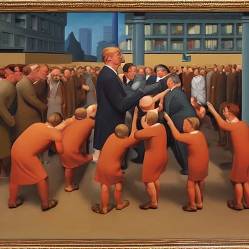 Image similar to oil painting by george tooker of a satirical presidential run