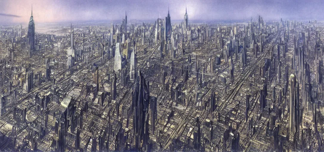 Image similar to Futuristic landscape of New York City in the year 2050 by Alan Lee