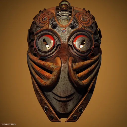 Image similar to a steampunk tribal mask, japanese pottery, vivid colors, wood, metal, intricate details, trending on cgsociety, concept art, glowing eyes, sharp focus, ultra realistic details, cinematic atmosphere, global illumination, shadows, octane render, 8 k