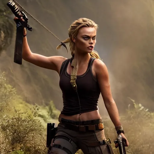 Prompt: margo robbie as lara croft, realistic, 8k resolution, hyperdetailed, highly detailed, real life, studio lighting, high quality, dramatic shot,