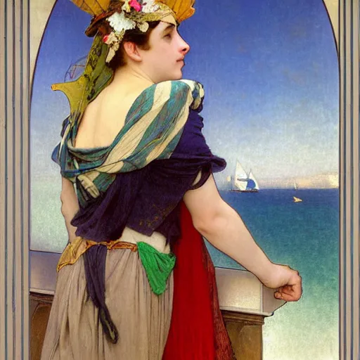 Image similar to A girl with jester hat and clothes on a greek archi circle on the front of a Balustrade with a beach and a sail boat on the background, major arcana clothes, by alphonse mucha and arnold böcklin arnold böcklin arnold böcklin, paul delaroche, hyperrealistic 8k, very detailed