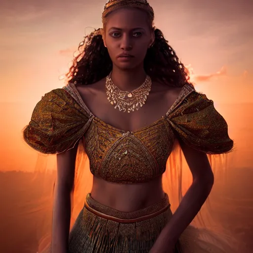 Image similar to portrait of a stunningly beautiful female empress at sunset, fashion photoshoot, by edward robert hughes, annie leibovitz and steve mccurry, david lazar, jimmy nelsson, breathtaking, 8 k resolution, extremely detailed, beautiful, establishing shot, artistic, hyperrealistic, beautiful face, octane render