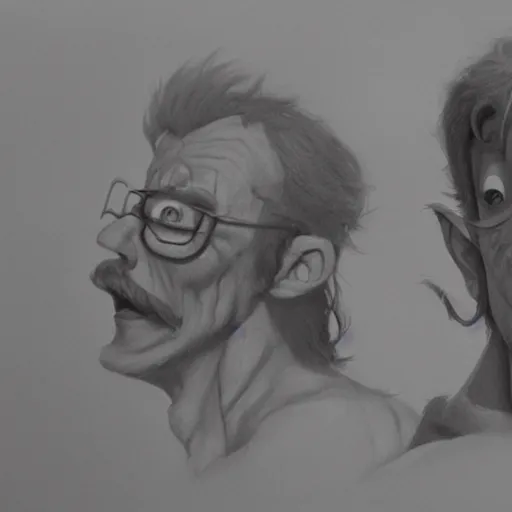 Image similar to pencil illustration of Tim Curry and Nigel Thornberry trending on art station Greg rutkowski cinematic