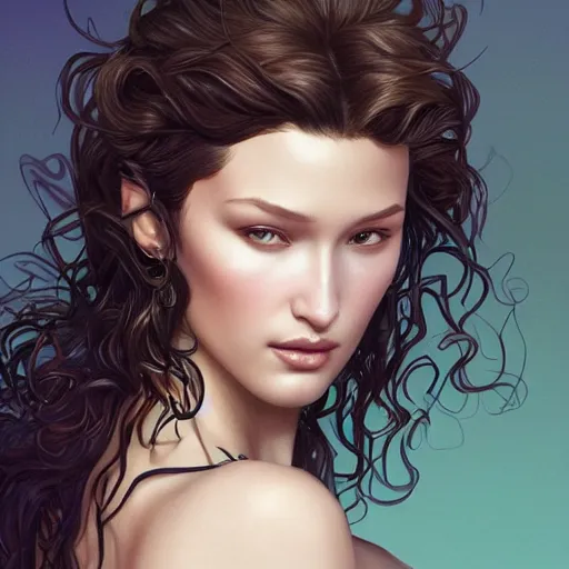 Prompt: ultra realistic illustration, bella hadid with a curly english mustache, intricate, elegant, highly detailed, digital painting, artstation, concept art, smooth, sharp focus, illustration, art by artgerm and greg rutkowski and alphonse mucha