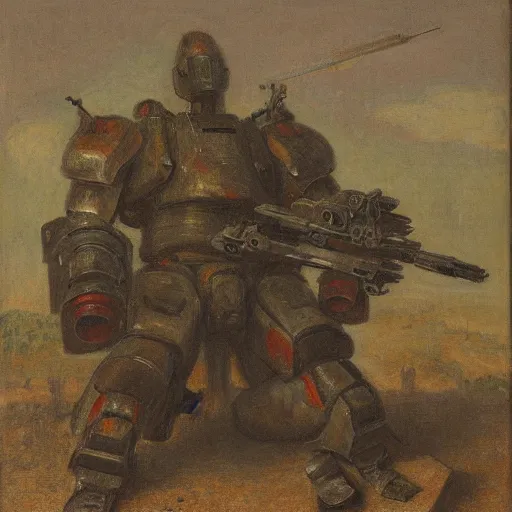 Prompt: Still life of a combat mech surrounded by its weapons, in the style of Henri Fantin-Latour