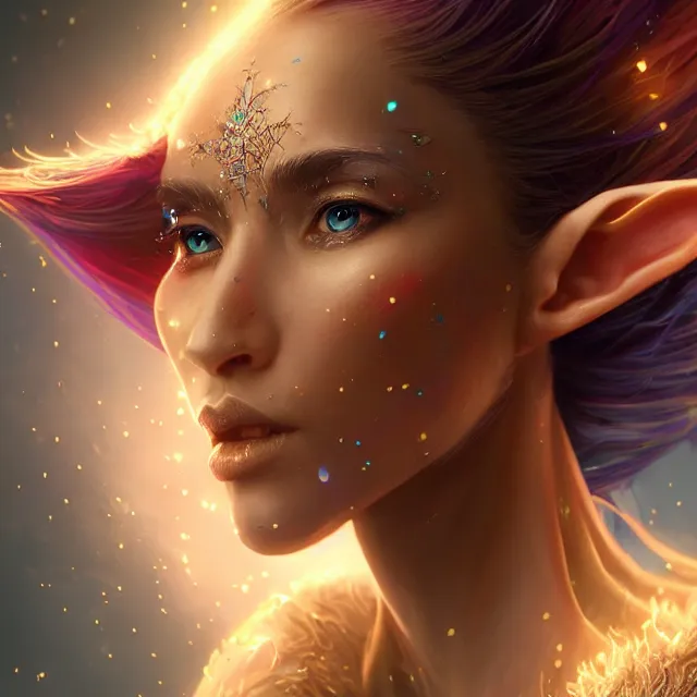 Prompt: detailed portrait of beautiful fantasy elf mage made of iridescent smoke, dark fantasy, sharp focus, vibrant, vivid, magical shiny skin, symmetry, highly detailed, 4 k digital painting, detailed skin, crystal, magical, raytracing, plasma, artistic, concept art by artgerm, greg rutkowski, alphonse mucha, unreal engine render,